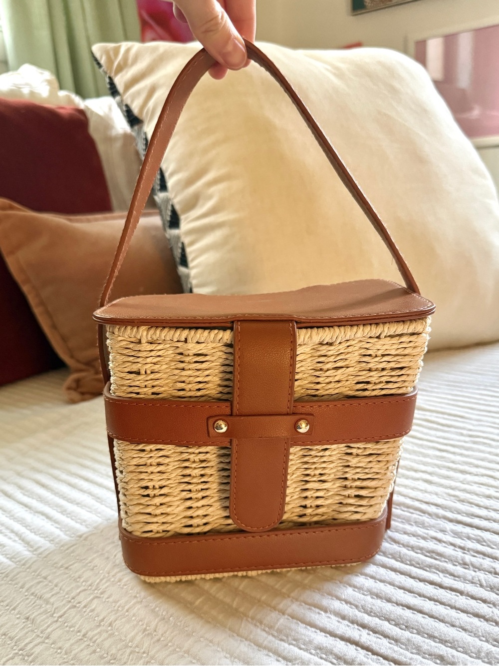Tommy Bahama Woven Wicker Basket Bag Tan Leather Trim Tote Purse